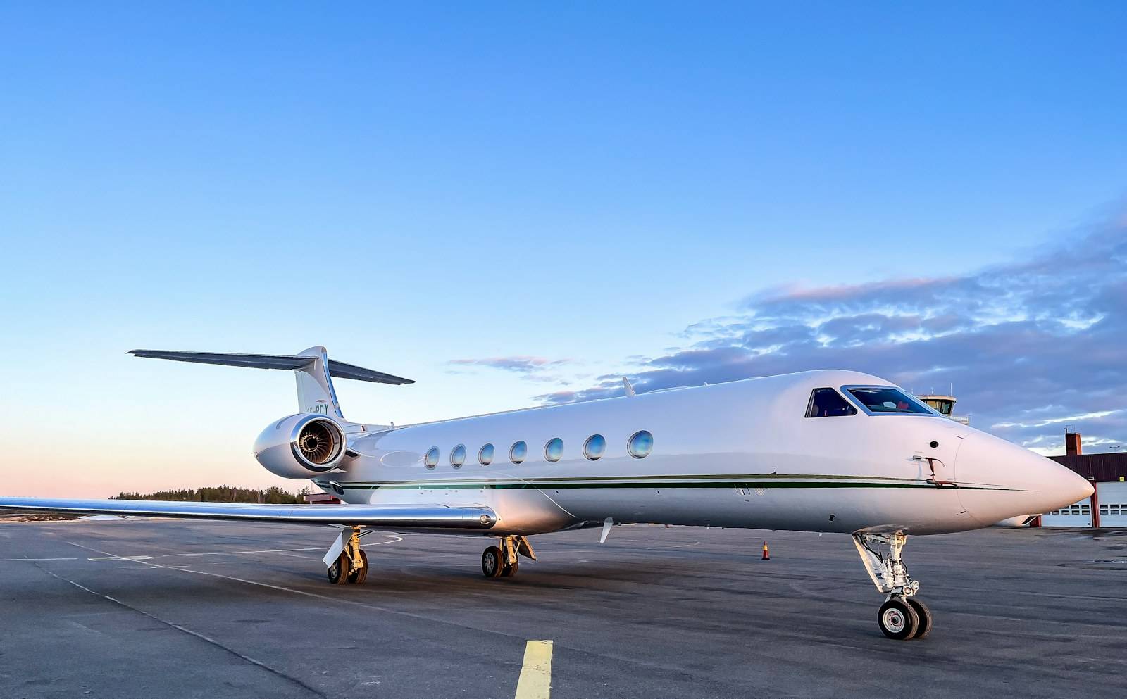 A Gulfstream heavy jet on the ramp in clear morning light